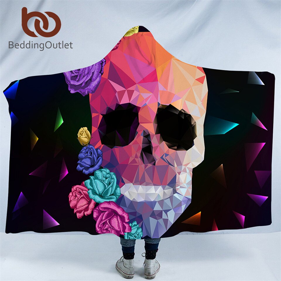 Geometric Skull Hooded Blanket Gothic Colorful Sherpa Fleece Wearable Throw Blanket