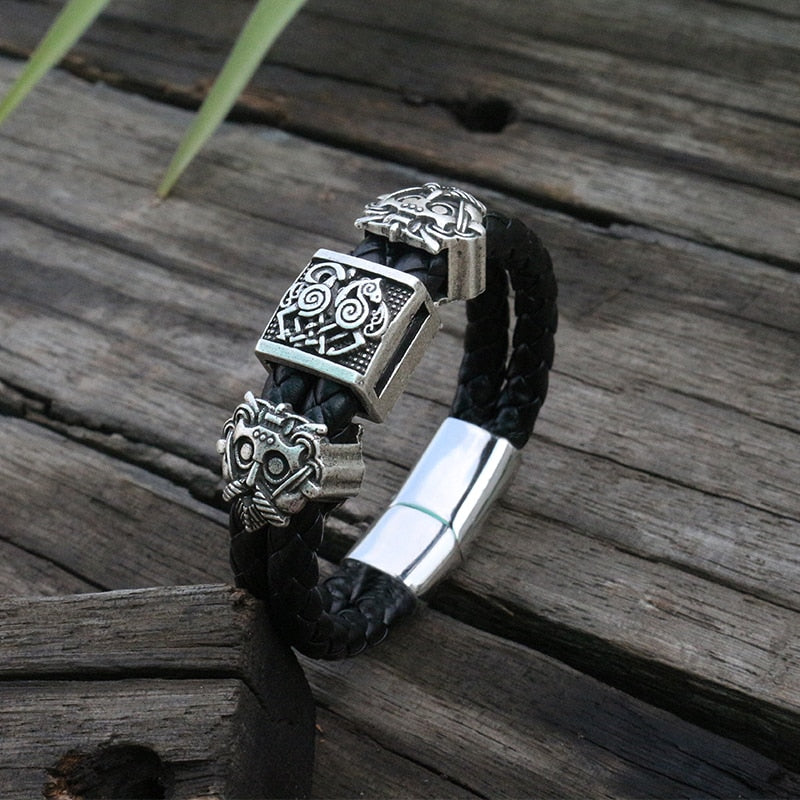 viking slavic Cowhide bracelet men Black Braided Leather Cuff Stainless Steel