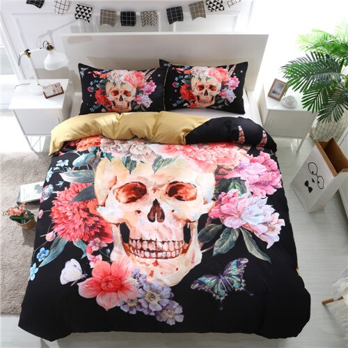 Black And White Skull Duvet Cover With Pillowcases 3D Flowers Print Soft Bed