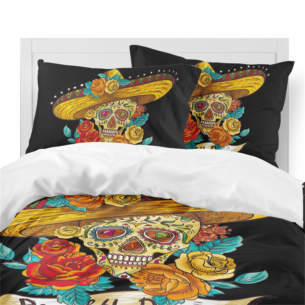 Tribal Sugar Skull Bedding Set Golden Flowers Print Duvet Cover
