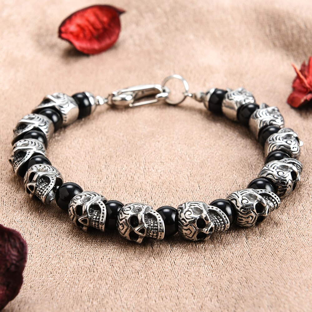 Natural Stone Skull Beads Bracelet Men Gothic Gold Stainless Steel