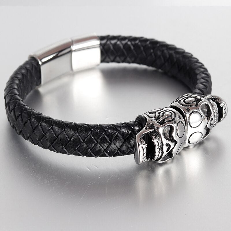 Punk Genuine Leather Bracelet Bangle Double Skull Charm Bracelet