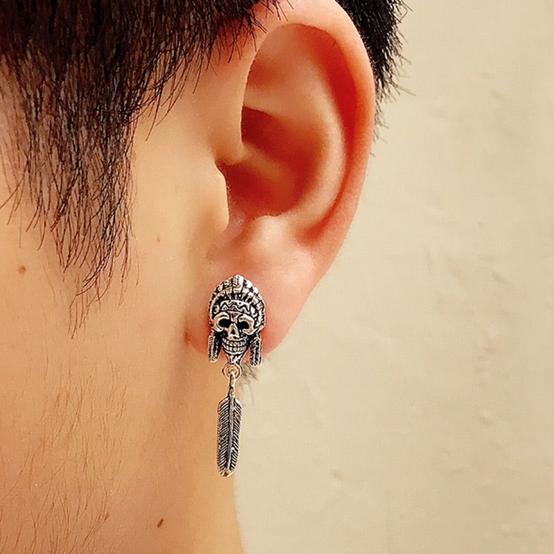 925 Sterling Silver Earrings For Men Indian Vintage Punk Skull