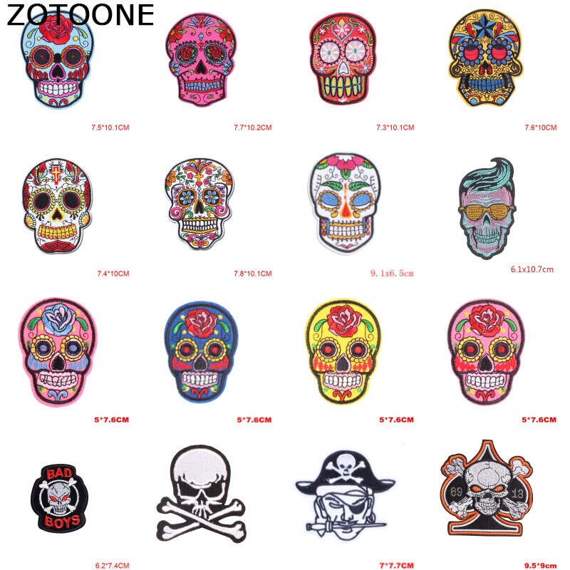 Punk Rock Skull Embroidery Patches For Clothing Flower Rose Skeleton Iron