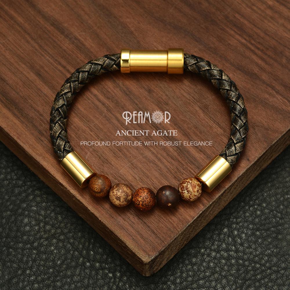 2019 Men Black Braided Leather Bracelets Natural Stone Bracelet