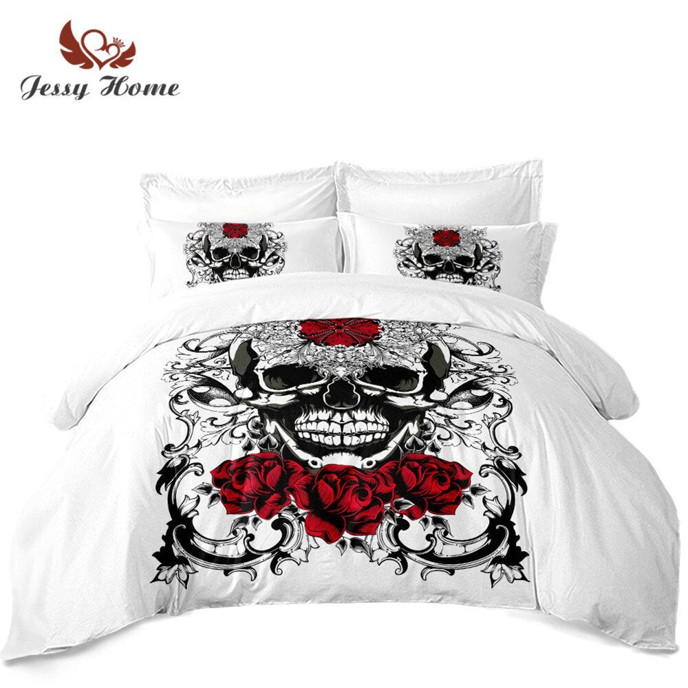 Ladies Sugar Skull Bedding Set Red Flowers Print Duvet Cover