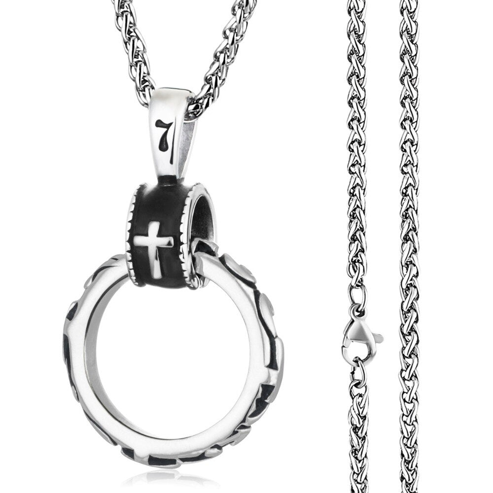 Male Stainless Steel Link Chain Round Circle Cross Pendant Necklace