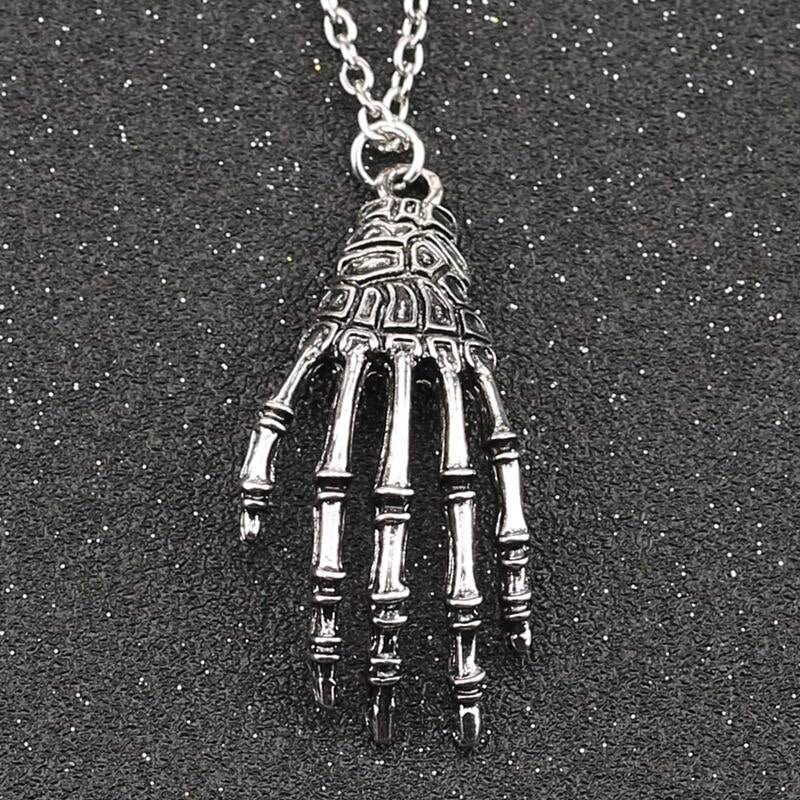 Skull Hand Necklace Skeleton Bone Claw Gothic Punk Vintage Antique Bronze Silver