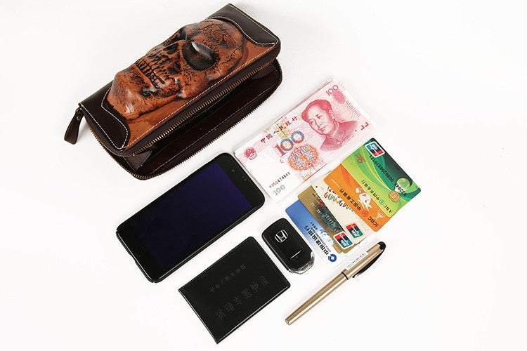 New punk type tanning cowhide skeleton skull wallet