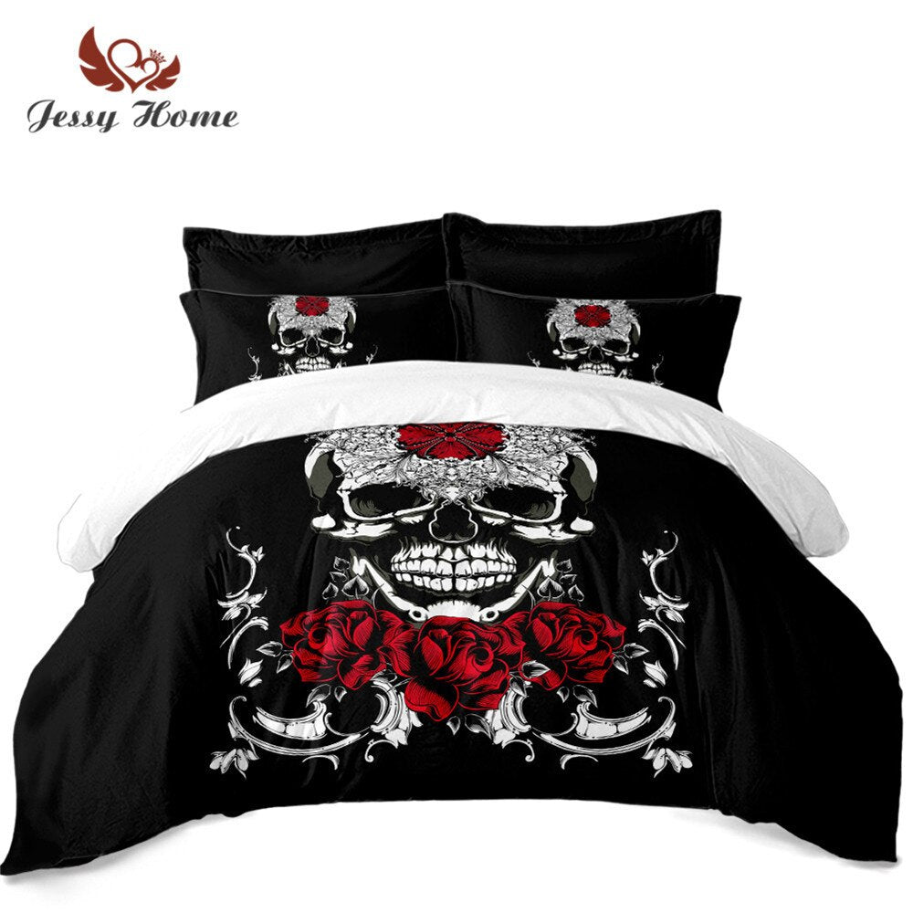 Ladies Sugar Skull Bedding Set Red Flowers Print Duvet Cover