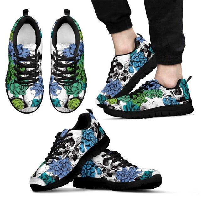 Women Flats Casual Sneakers Blossom Flowers Skull Pattern