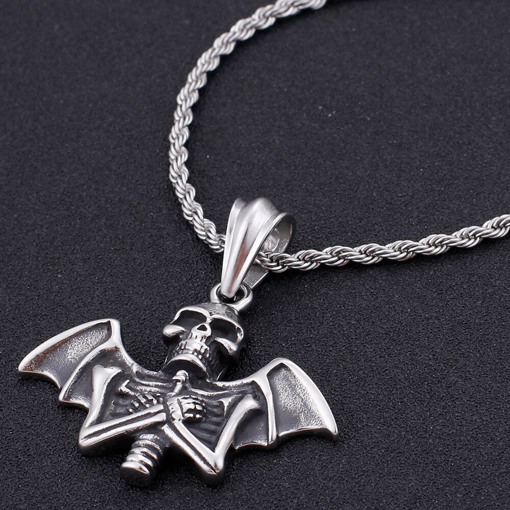 Cool Stainless Steel Men Necklace Bat & Skull Pendant Necklace