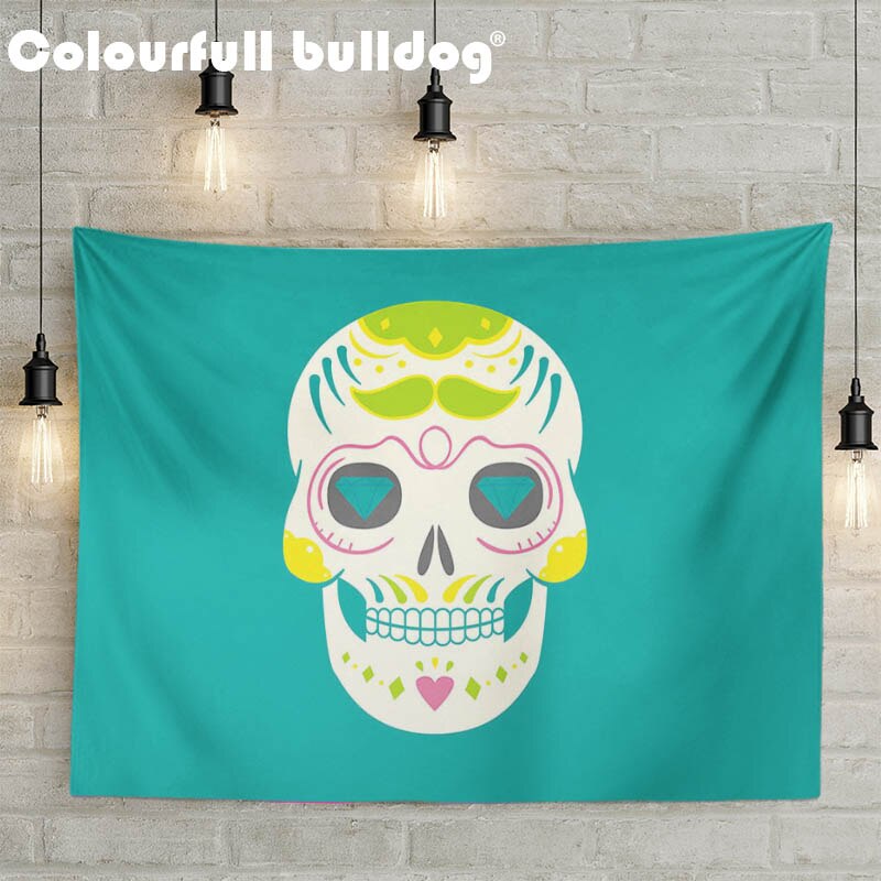 Cartoon Mexican Sugar Skull Tapestry Hanging Red Orange Flowers Wall Blankets