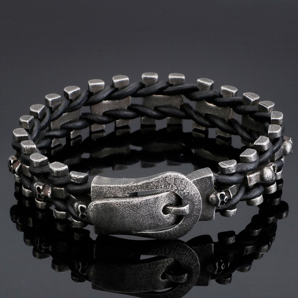 Skull Bracelets For Men Stainless Steel Gothic Ghost Head Leather