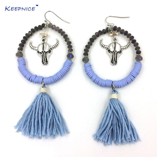 New Crystal Beads Dangle Earrings With Cotton Tassel Summer Style Bull