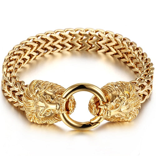 Gold Wolf Lion Head Bracelet Stainless Steel Men's Friendship Bracelets