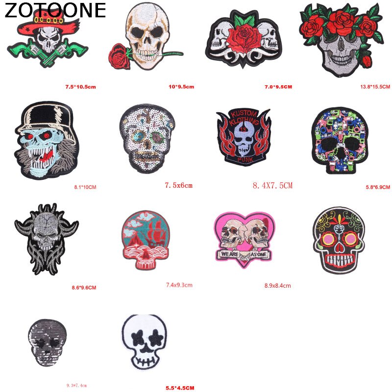 Punk Rock Skull Embroidery Patches For Clothing Flower Rose Skeleton Iron