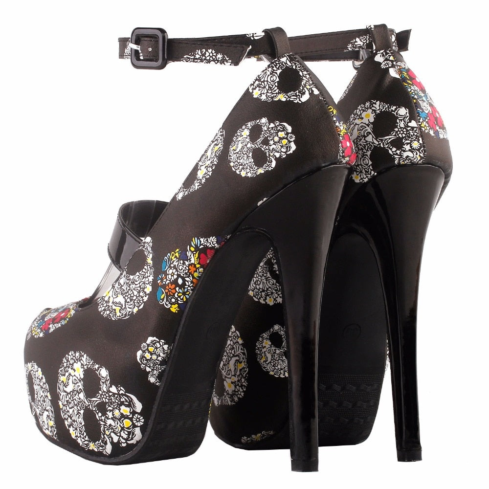 Women Sexy Skull Print Ankle Strap Platform Stiletto Heel Dress Pumps