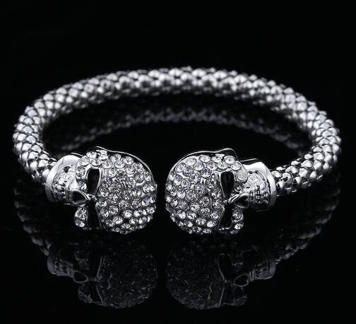 Punk Skull Crystal Open Bangle For Men 3 Color Gothic Skeleton Double Skull Heads Cuff Bracelets