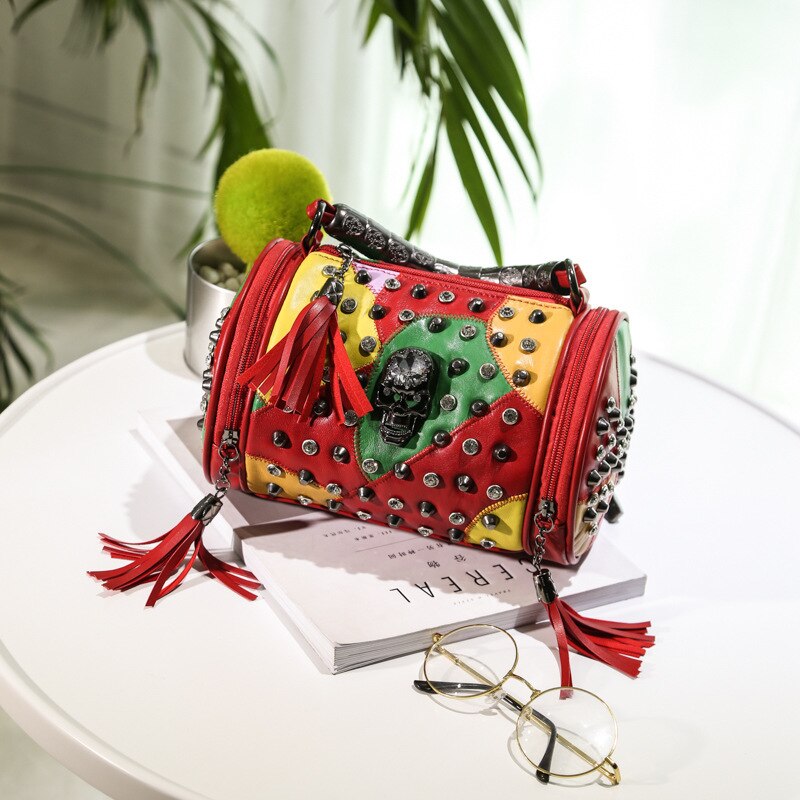 Genuine Leather Tassels Skull Handbag Women Luxury