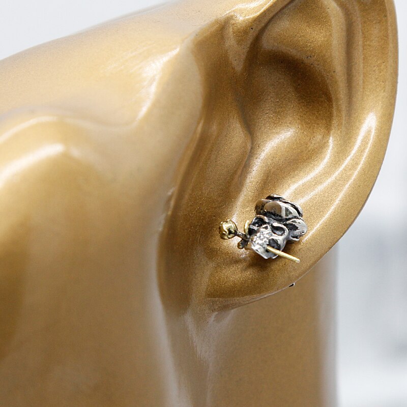 Mens Earrings Silver 925 Skull Rose Rock Biker Men Vintage Punk Earrings