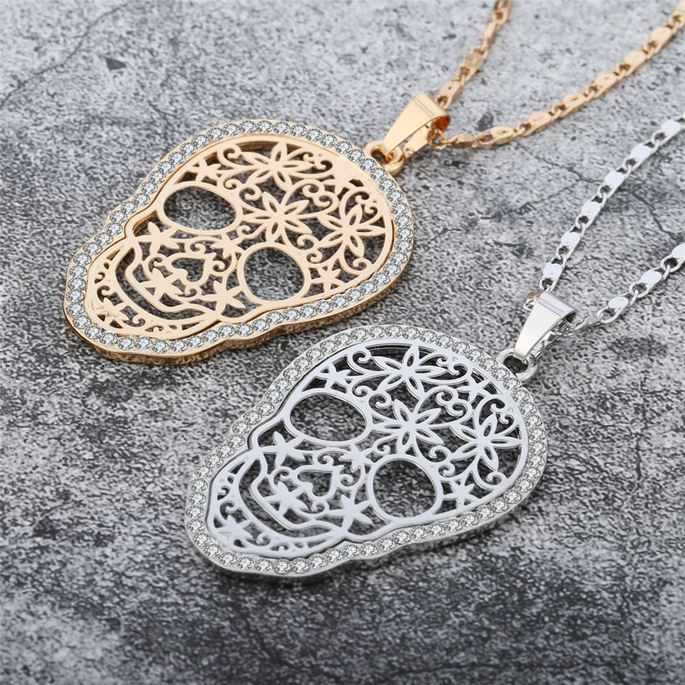 Crystal Flower Skull Charms Necklace For Women