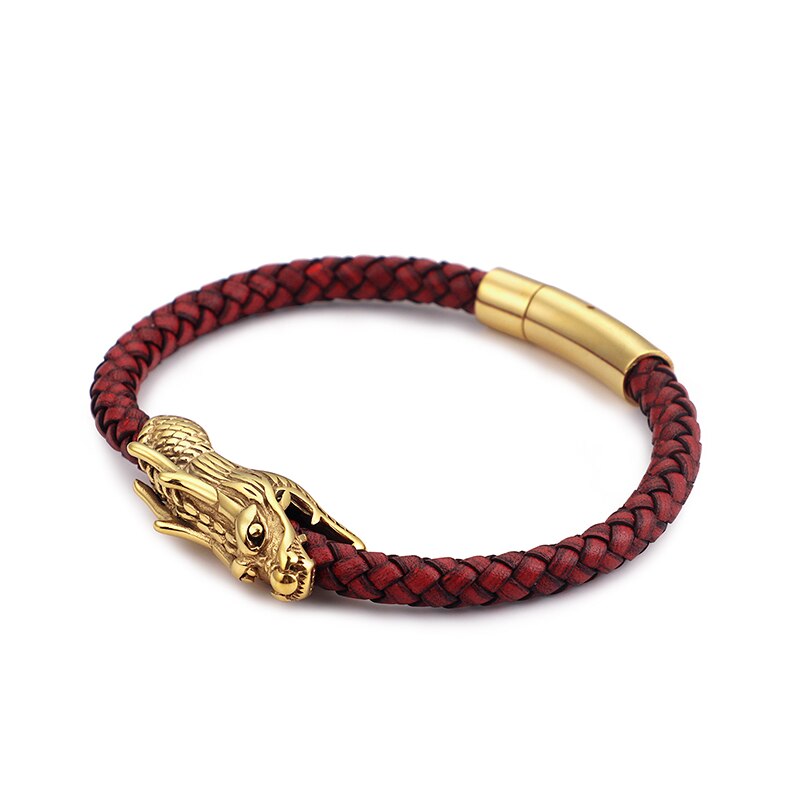 Dragon Charm Bracelets For Men 22cm Gold Stainless Steel + Red Leather Rope