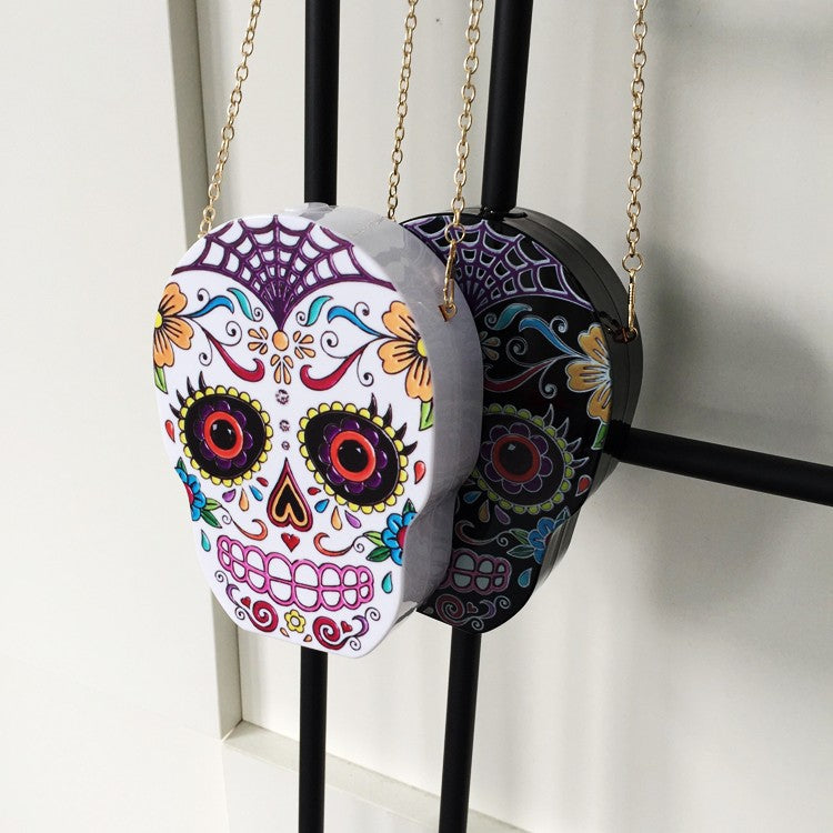 New arrival fashion personality skull pattern painted black & white acrylic Party Clutch shoulder bag ladies handbag flap purse