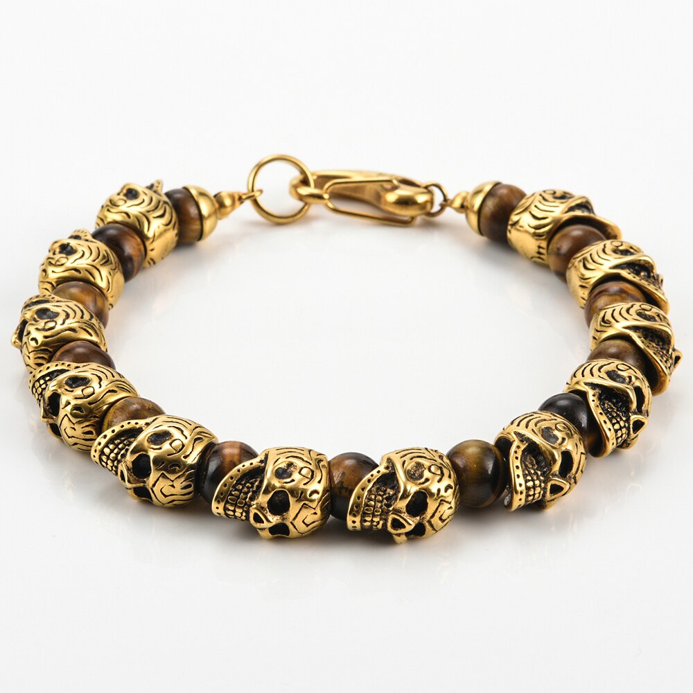 Natural Stone Skull Beads Bracelet Men Gothic Gold Stainless Steel