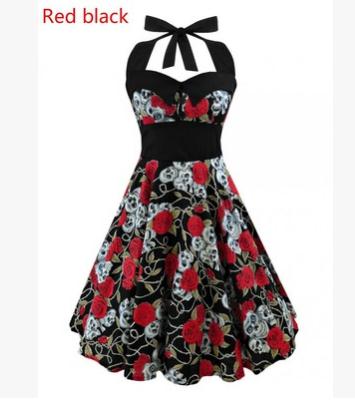 2019 Plus Size Women Floral Skull Print Off Shoulder Halter Dress