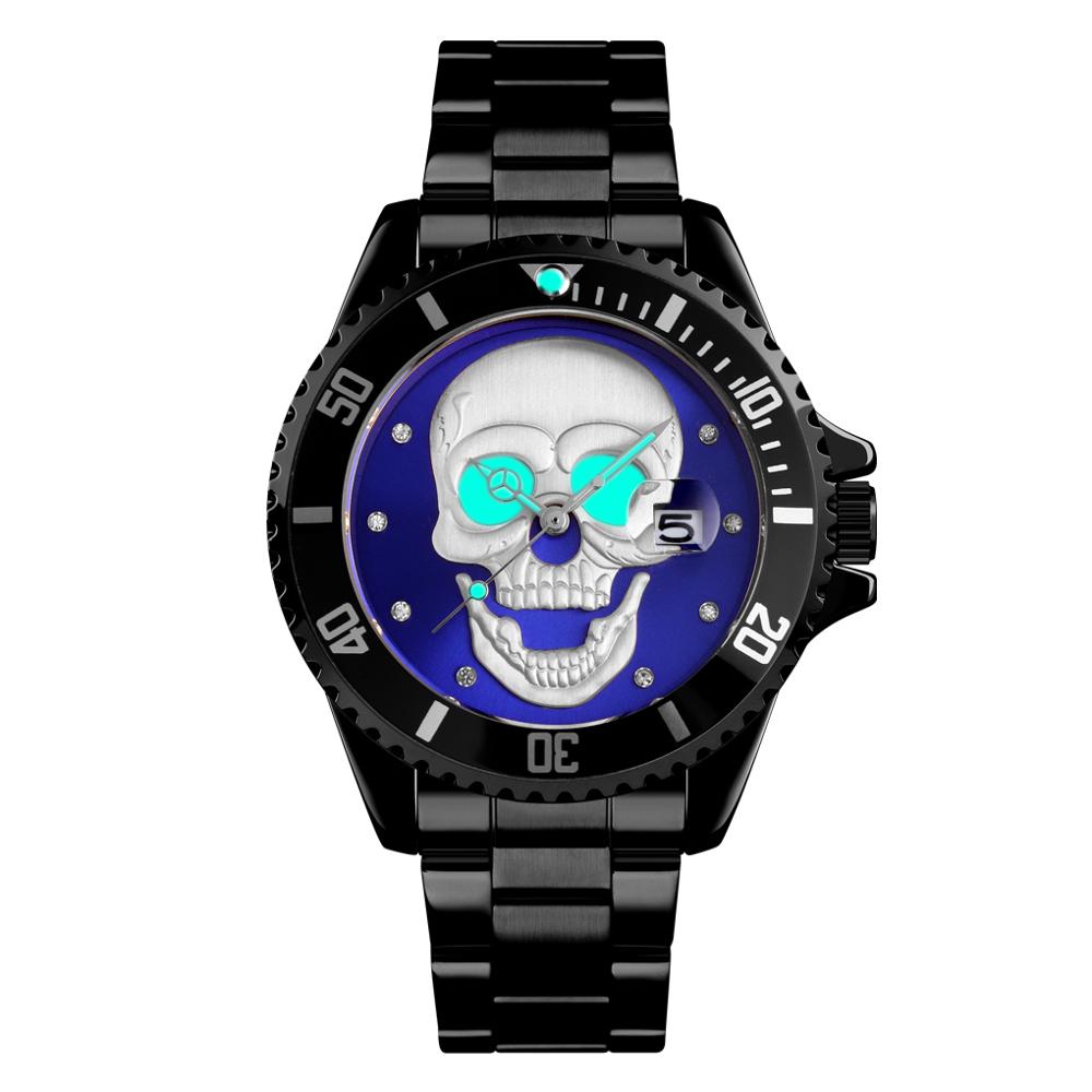 Skull Quartz Watch Men Skeleton Creative Watches Stainless Steel Male Clock Waterproof Wristwatch