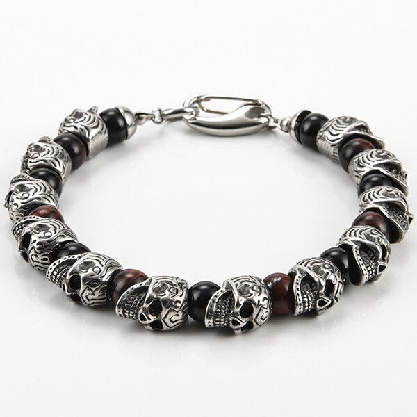 Natural Stone Skull Beads Bracelet Men Gothic Gold Stainless Steel