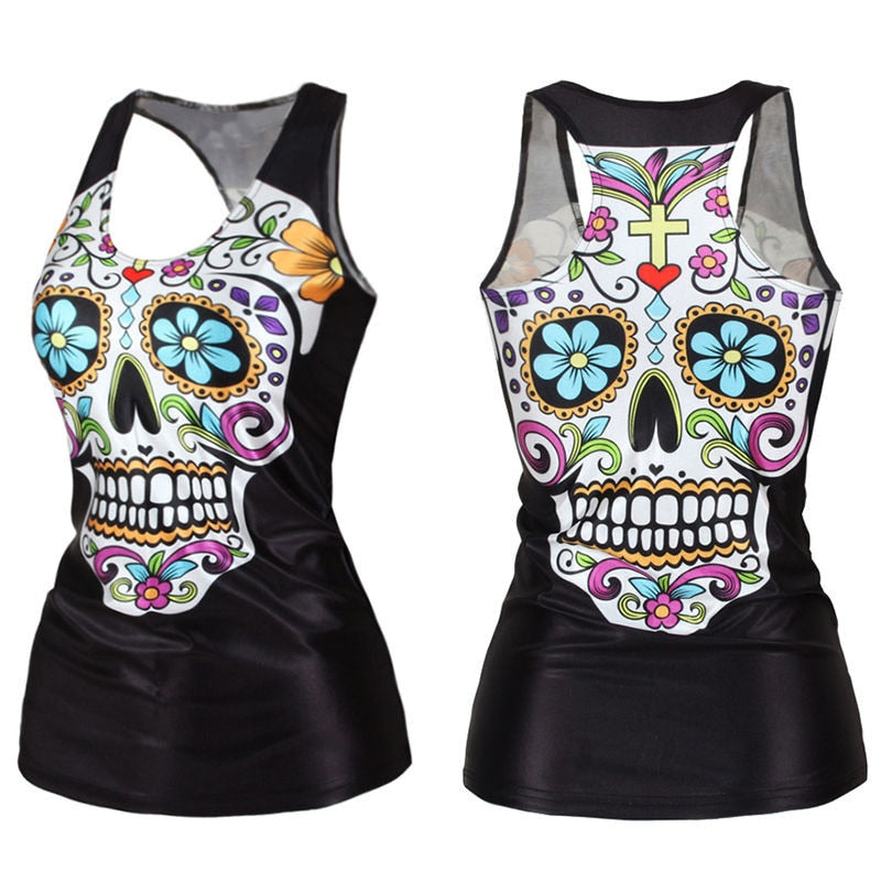 Sexy women's tank cross Skull flower vine Tanktop