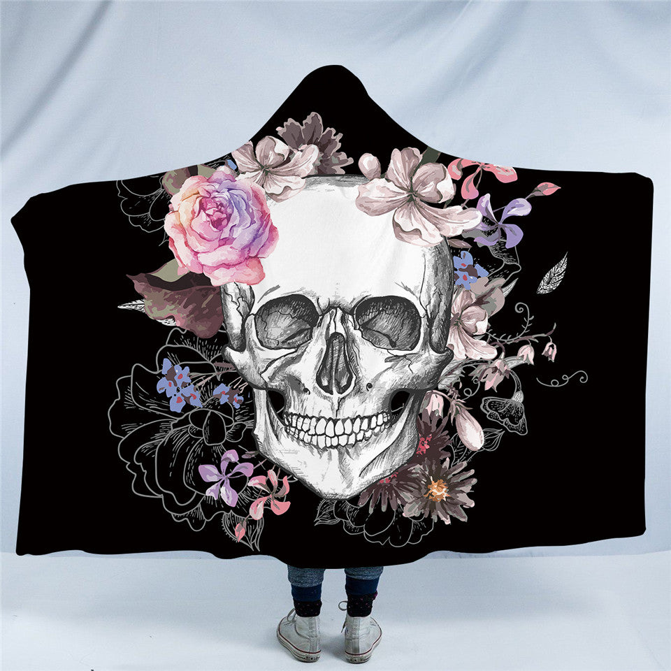 Sugar Skull Flower Hooded Blanket for Adults Floral Gothic Sherpa Fleece Wearable Throw Blanket Microfiber Black