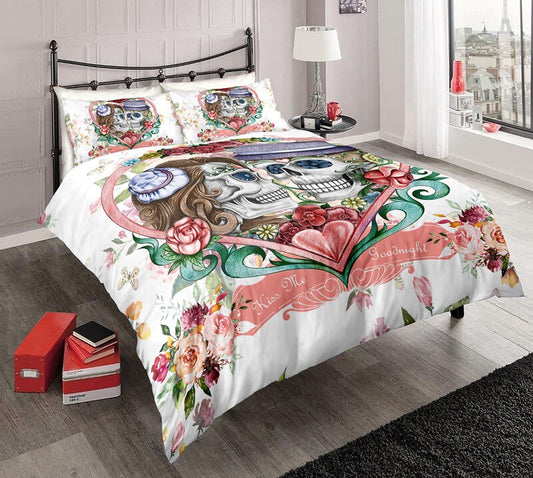 3Pcs Sugar Flowers Heart Skull White Bedding Set Pillowcases Duvet Cover Quilt Cover