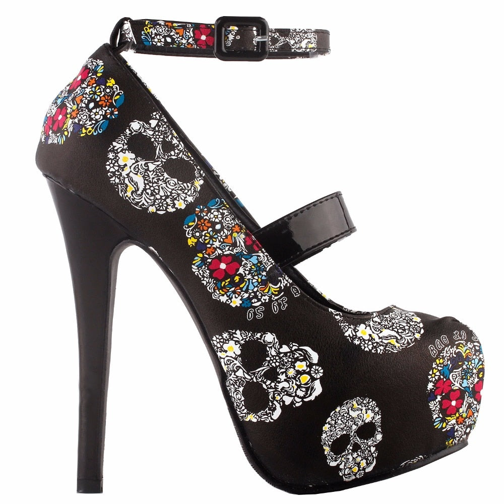 Women Sexy Skull Print Ankle Strap Platform Stiletto Heel Dress Pumps