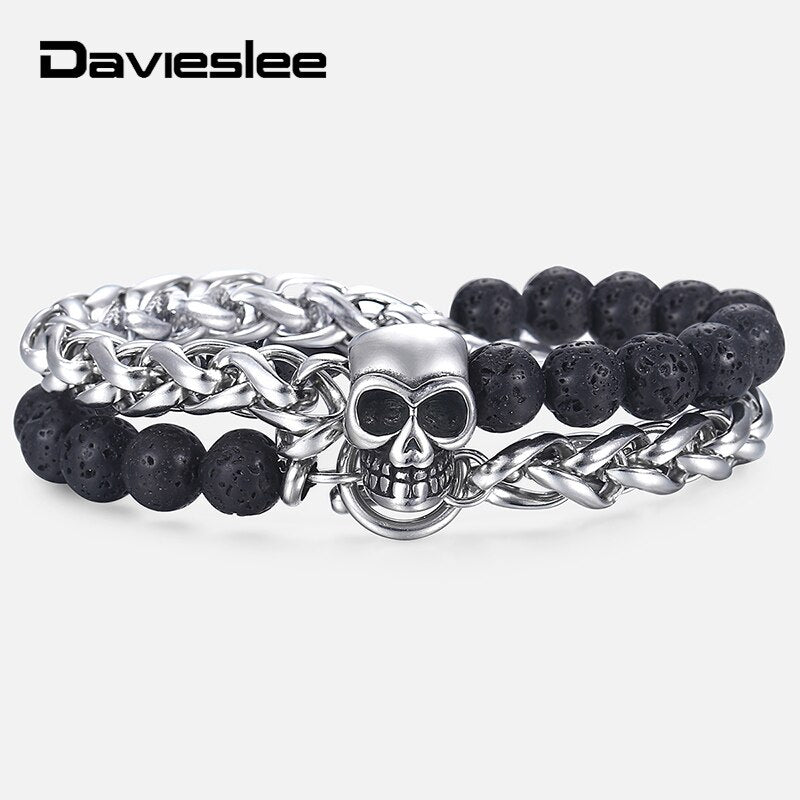 Skull Charm Bracelets for Men Stainless Steel Double Layered Wheat Link Black L