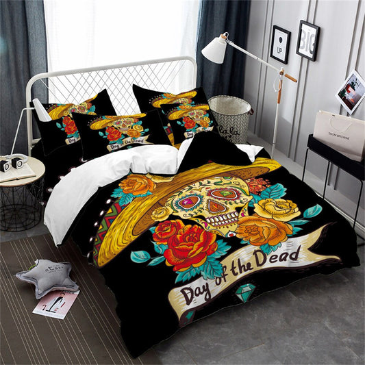 Tribal Sugar Skull Bedding Set Golden Flowers Print Duvet Cover