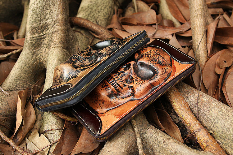 New punk type tanning cowhide skeleton skull wallet
