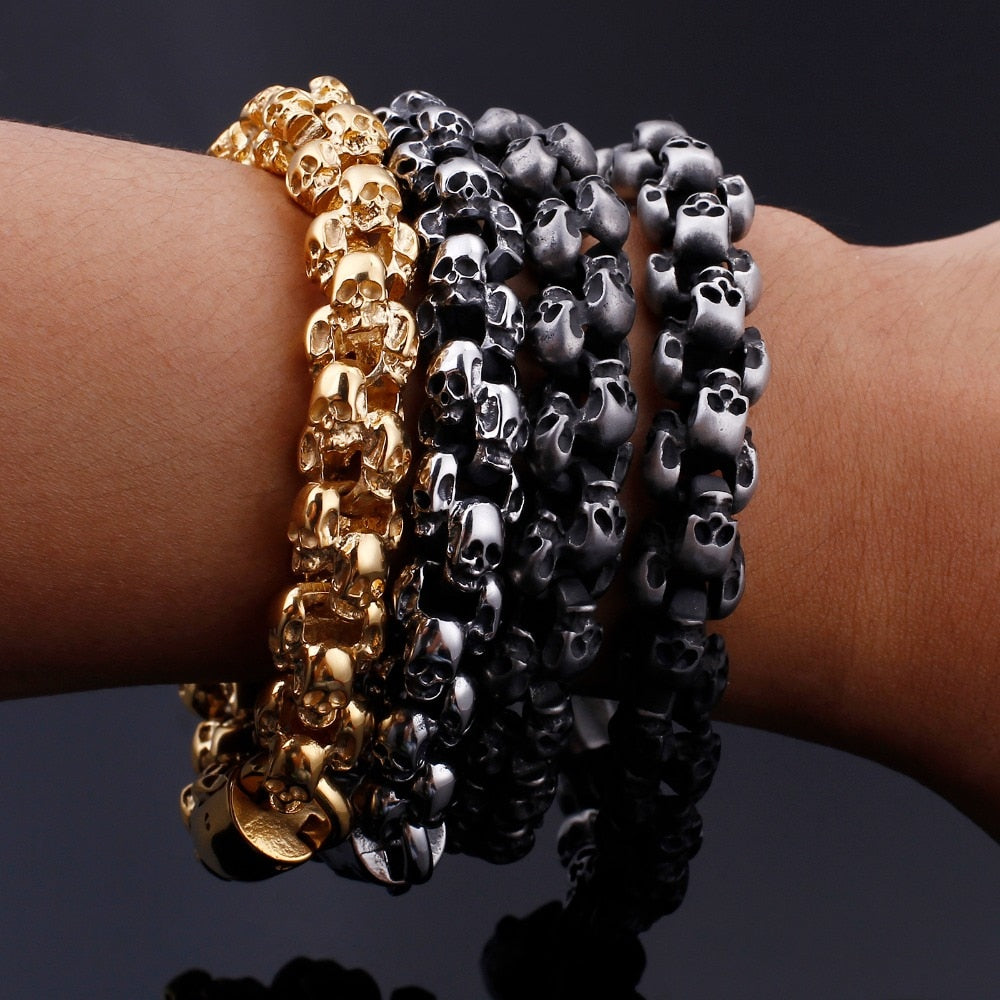 Punk Skull Bracelets Men Stainless Steel Shiny Matte Skull Charm