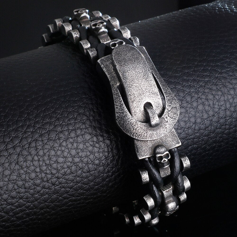 Skull Bracelets For Men Stainless Steel Gothic Ghost Head Leather