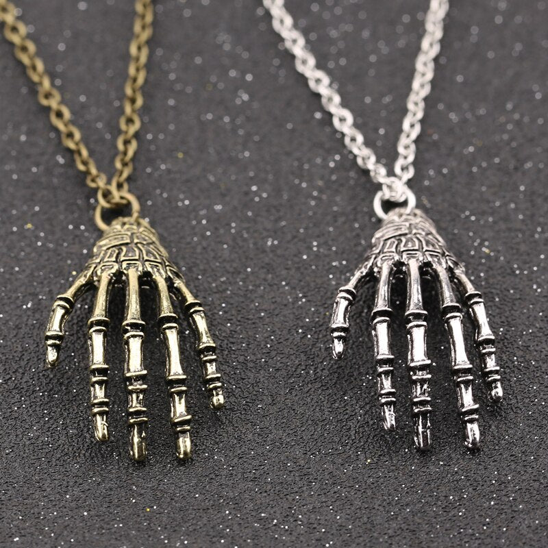 Skull Hand Necklace Skeleton Bone Claw Gothic Punk Vintage Antique Bronze Silver
