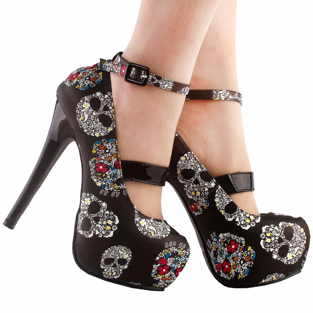 Women Sexy Skull Print Ankle Strap Platform Stiletto Heel Dress Pumps
