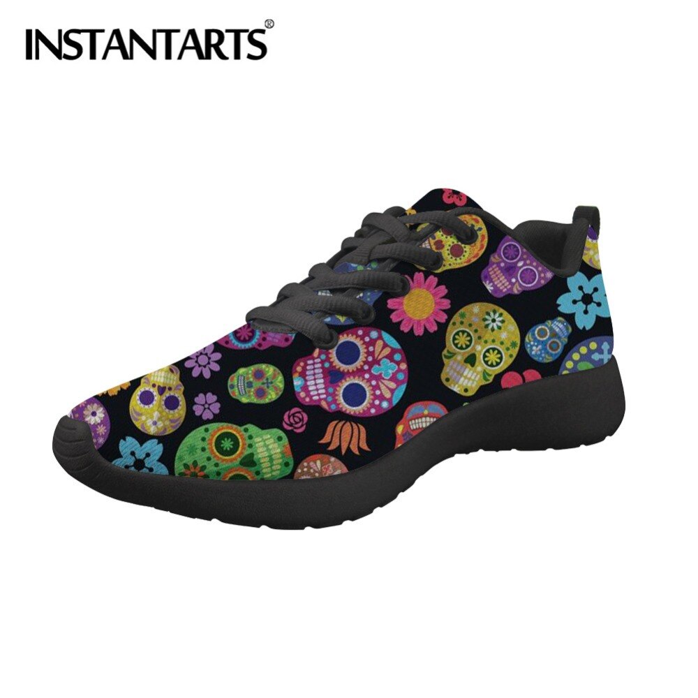 Ladies Flats Shoes Lace Up Classic Sugar Skulls Printing Women