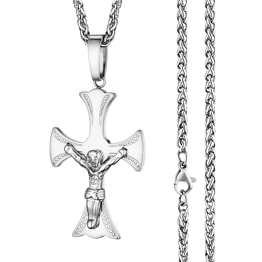Male Stainless Steel Link Chain Round Circle Cross Pendant Necklace
