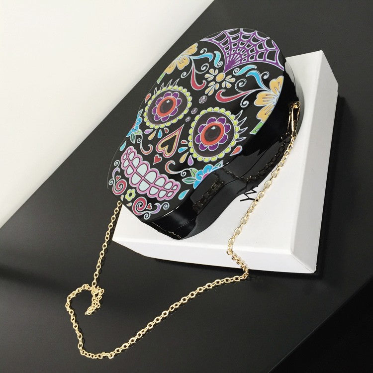 New arrival fashion personality skull pattern painted black & white acrylic Party Clutch shoulder bag ladies handbag flap purse