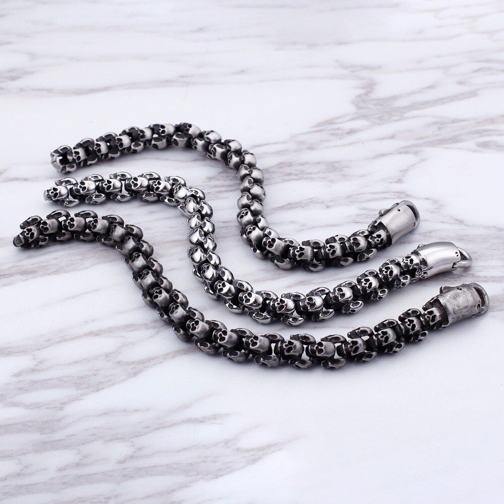 Punk Long Matte Skull Necklace & Bracelets For Men Stainless Steel