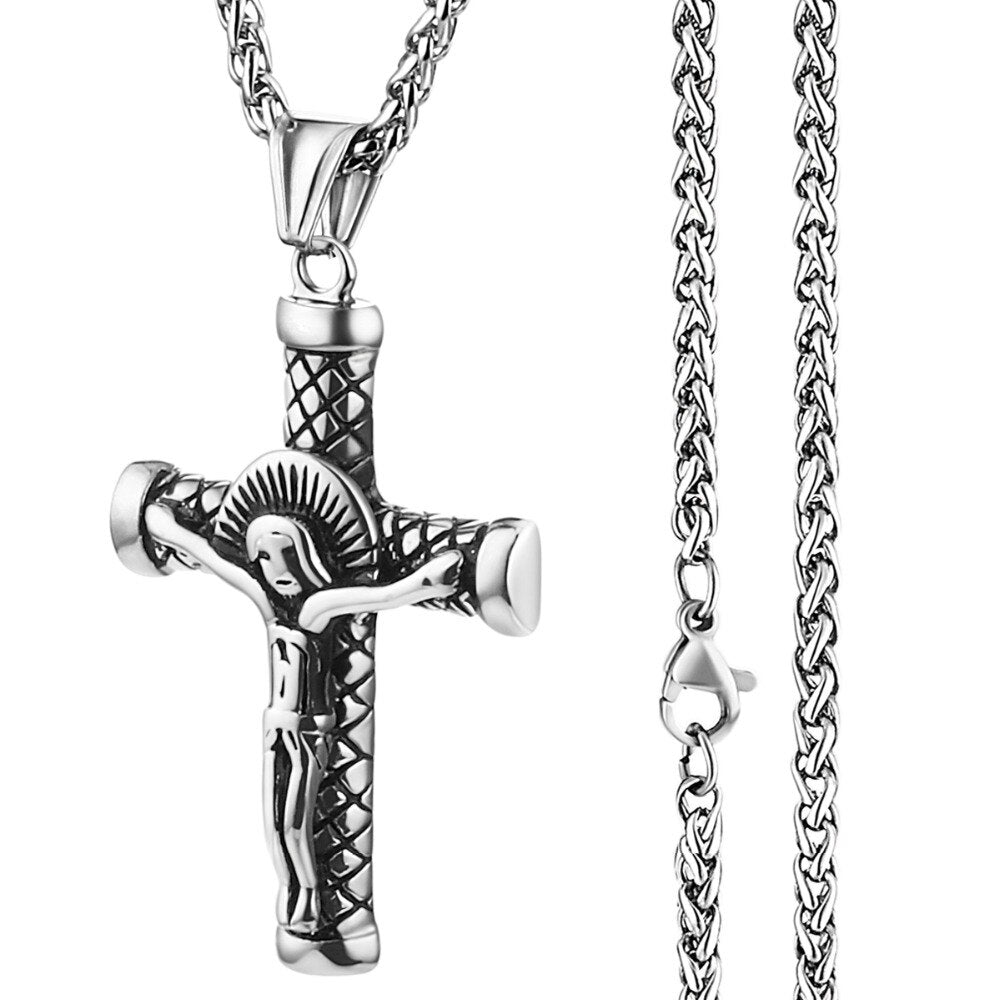 Male Stainless Steel Link Chain Round Circle Cross Pendant Necklace