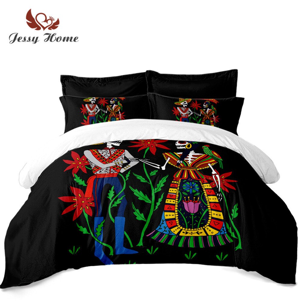 Exotic Couple Skeleton Bedding Set Colorful Floral Duvet Cover Sugar Skull