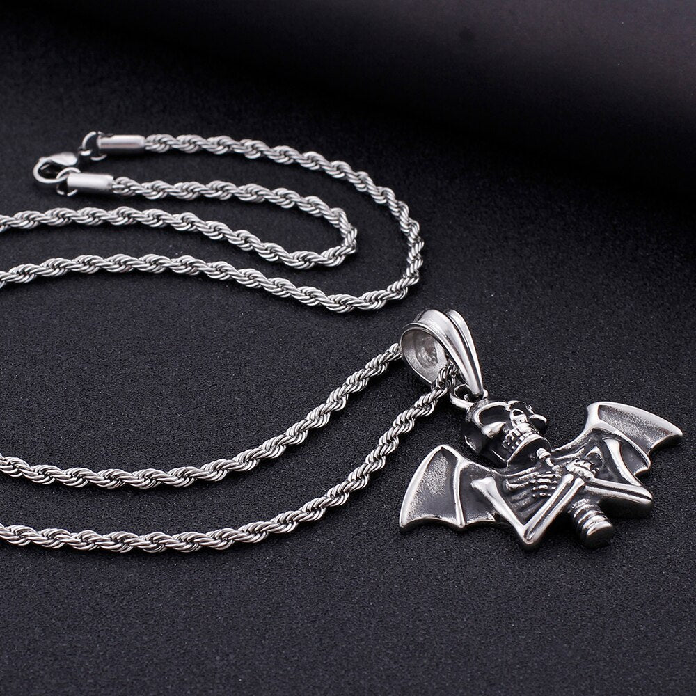Cool Stainless Steel Men Necklace Bat & Skull Pendant Necklace